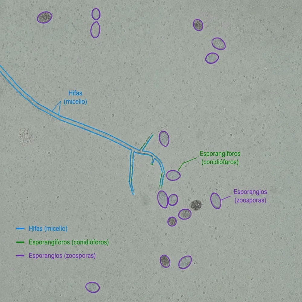 esporas de hongos en el microscopio